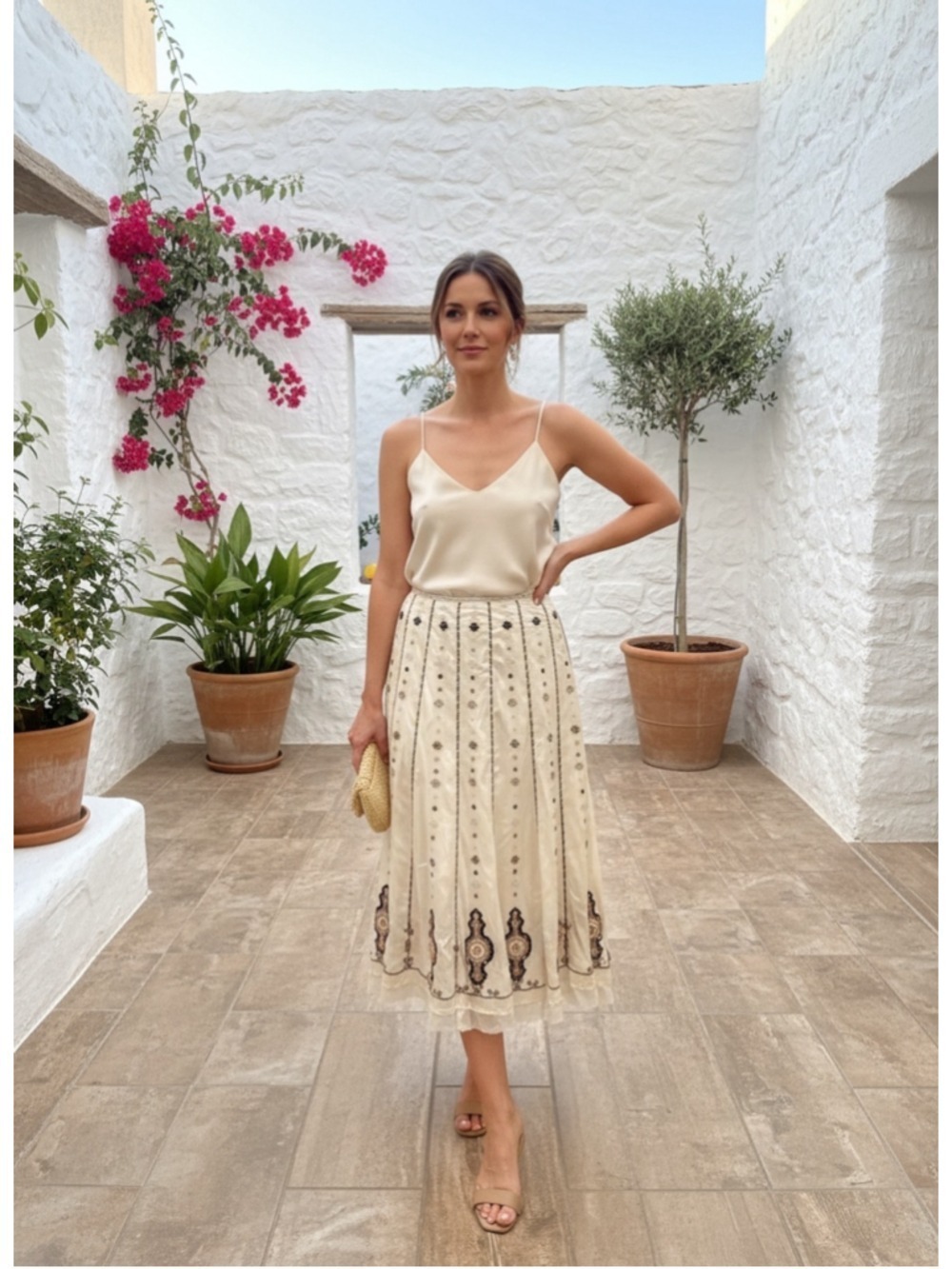 Blanca Nygard Silk Midi Skirt Size 8 (30” Waist) Beige Brown Embroidered